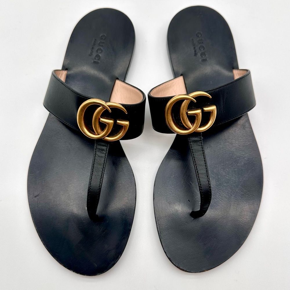 Gucci Black Leather Sandals with Gold Accent - Picture 1 of 12